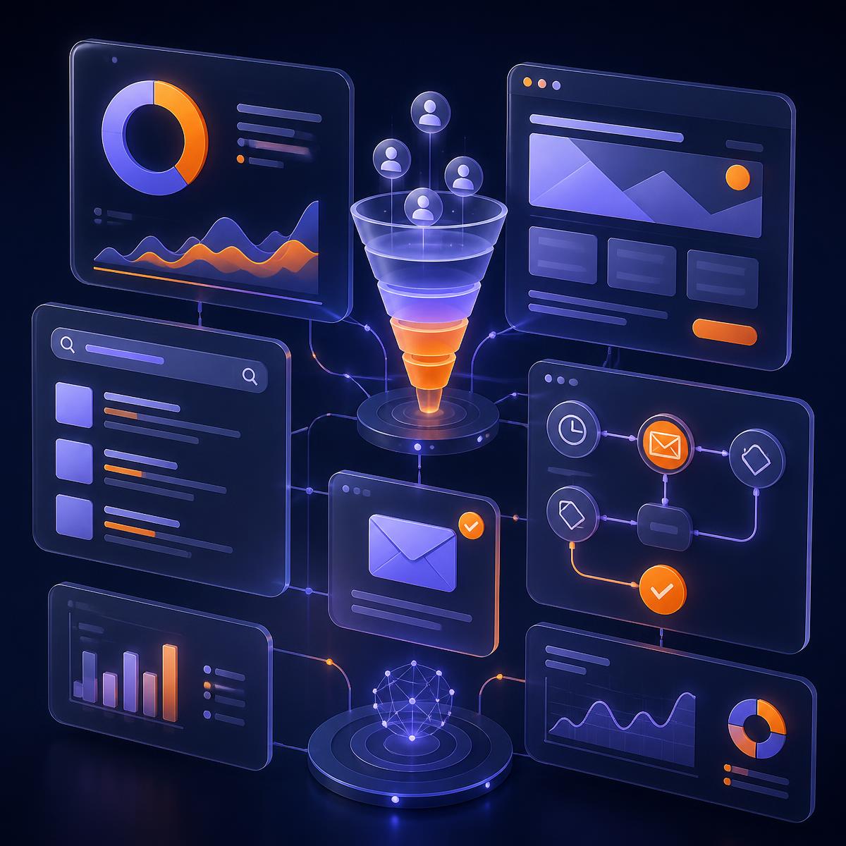 Ecossistema de Marketing Digital integrado: website, campanhas, SEO, automação, leads e análise de dados